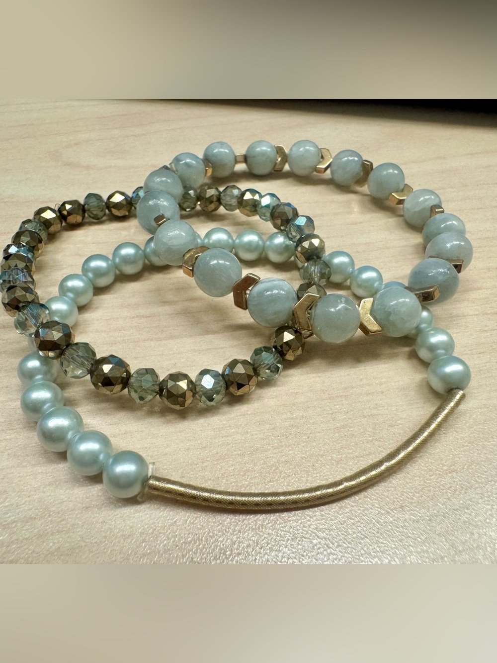 Seafoam & Gold Vermeil Stretchy Bracelet Set - Elegant Stackable Bracelets